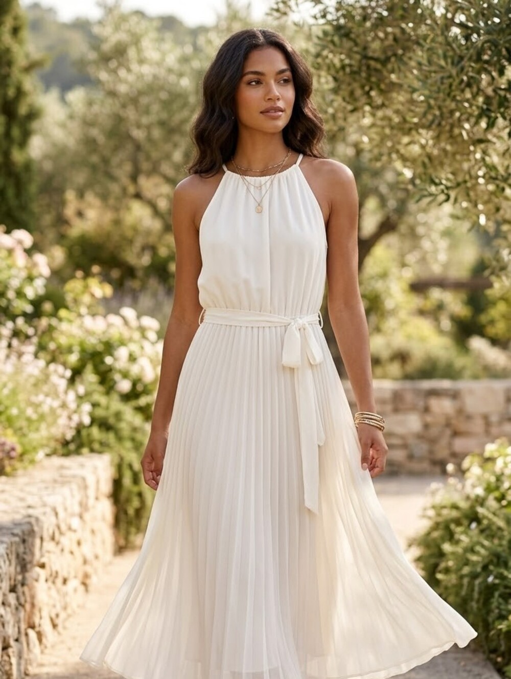 Elegant Cream Pleated Halter Midi Dress
